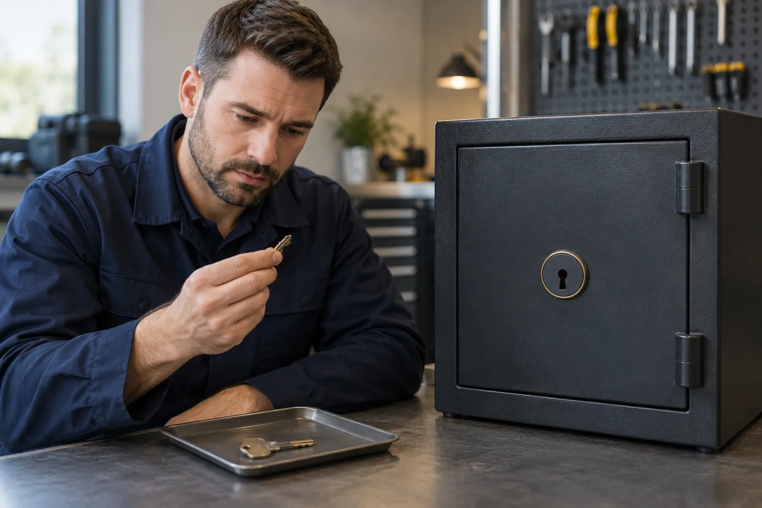 Technician assessing a broken key beside a key-operated safe