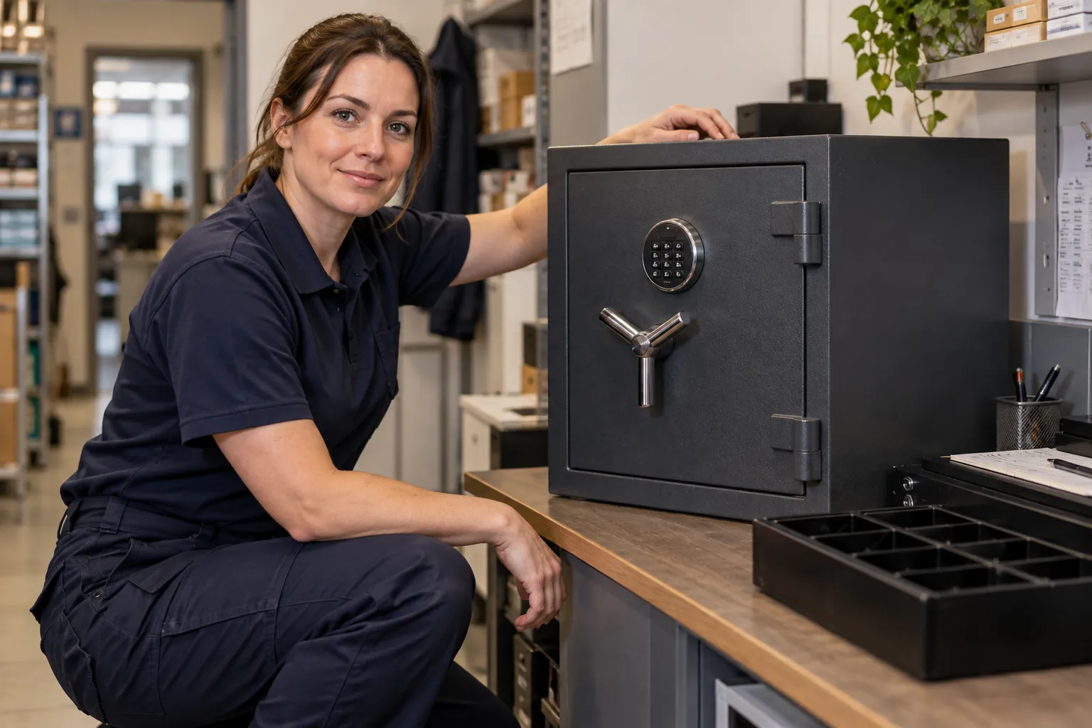 Technician attending a business cash safe