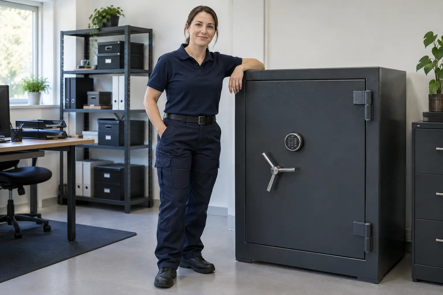 Technician beside a large commercial safe