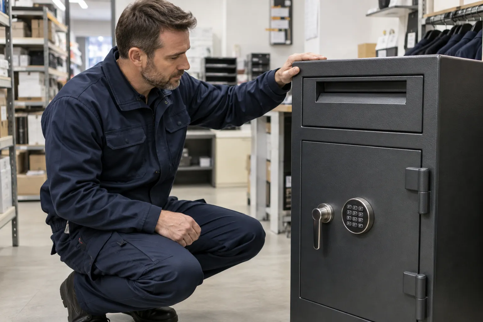 Technician assessing a deposit safe