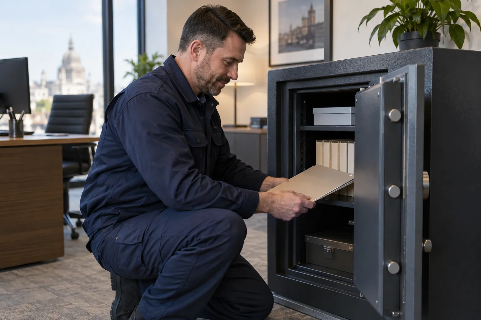 Technician beside a document storage safe