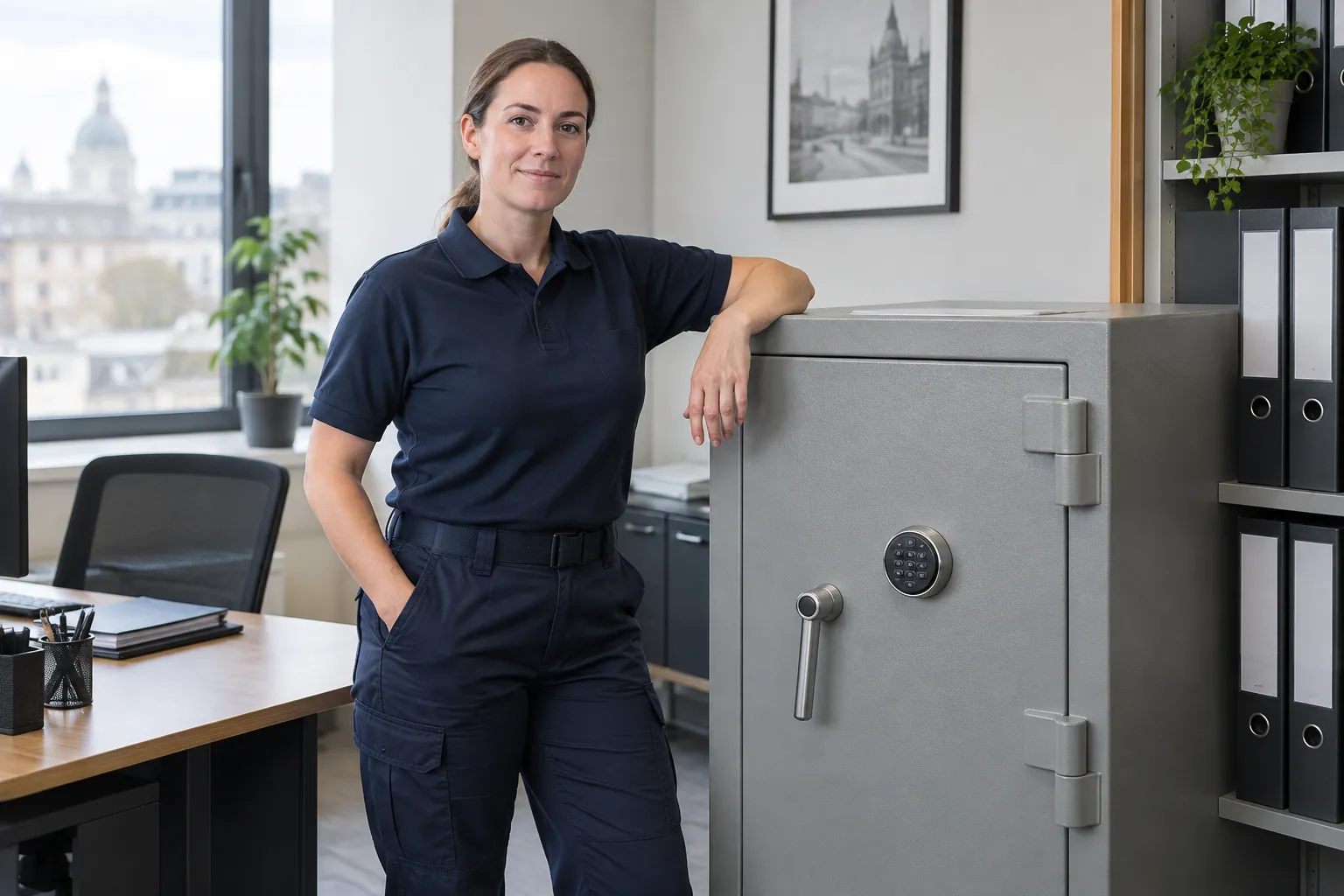 Technician beside a fire-resistant document safe