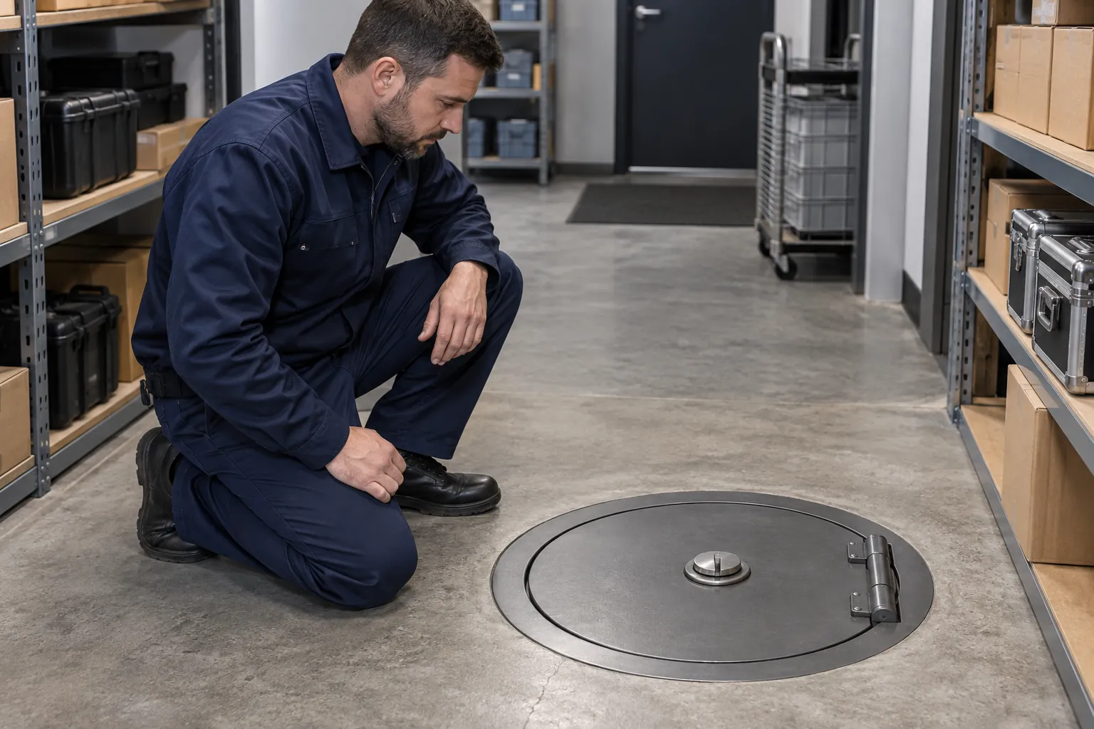 Technician assessing an installed floor safe