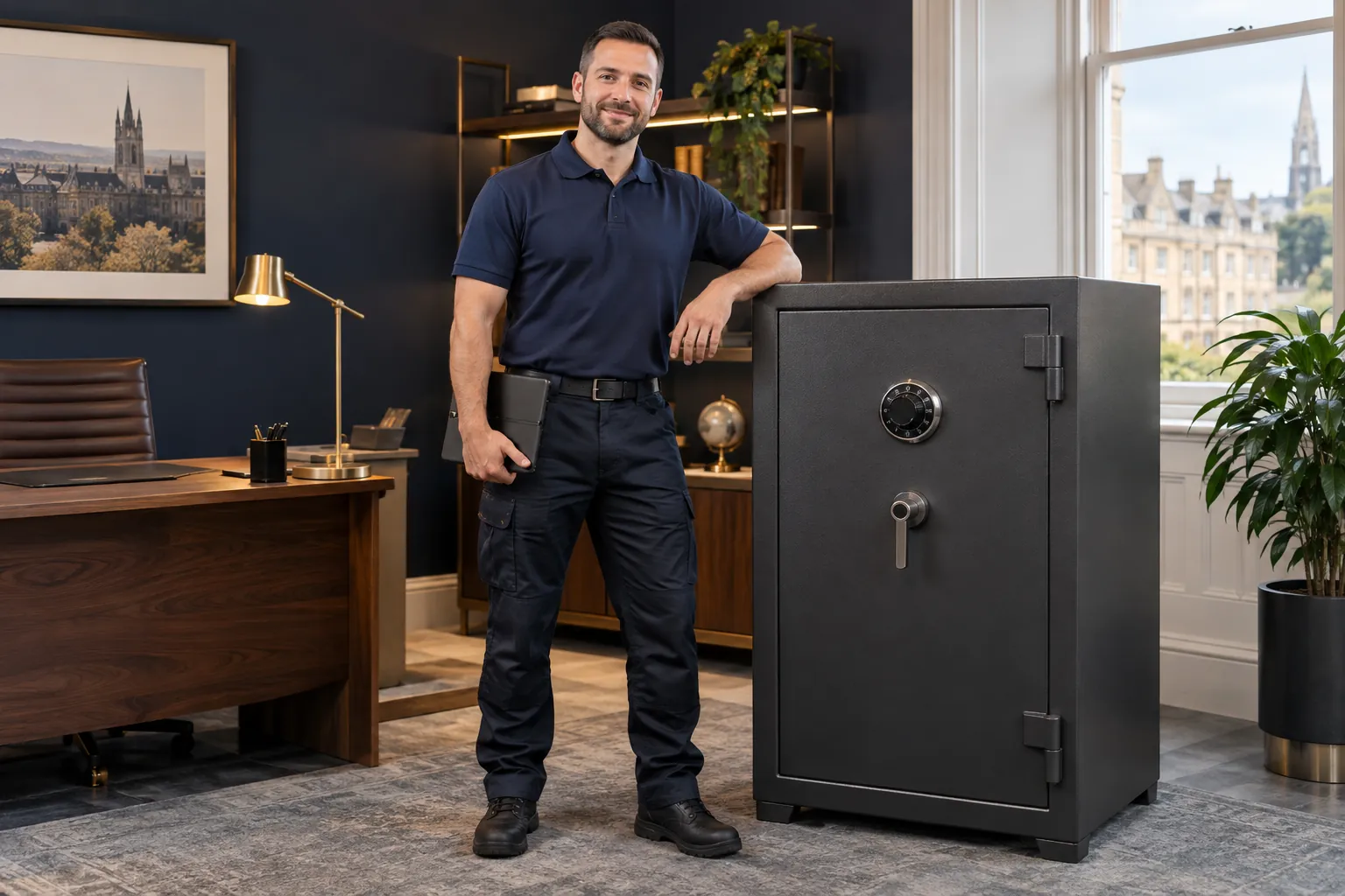 Professional safe technician beside a substantial office safe
