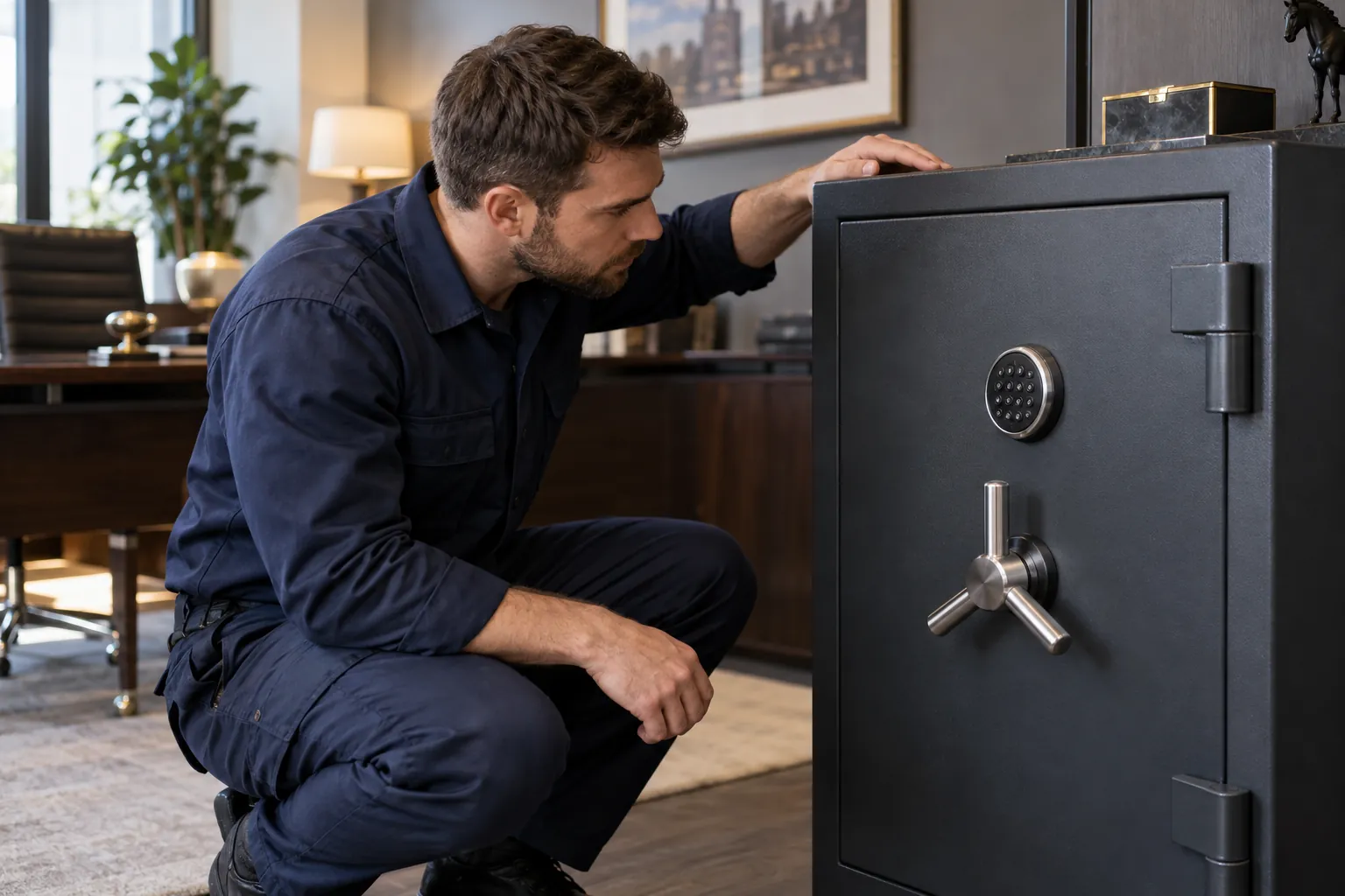 Technician checking a jammed safe door