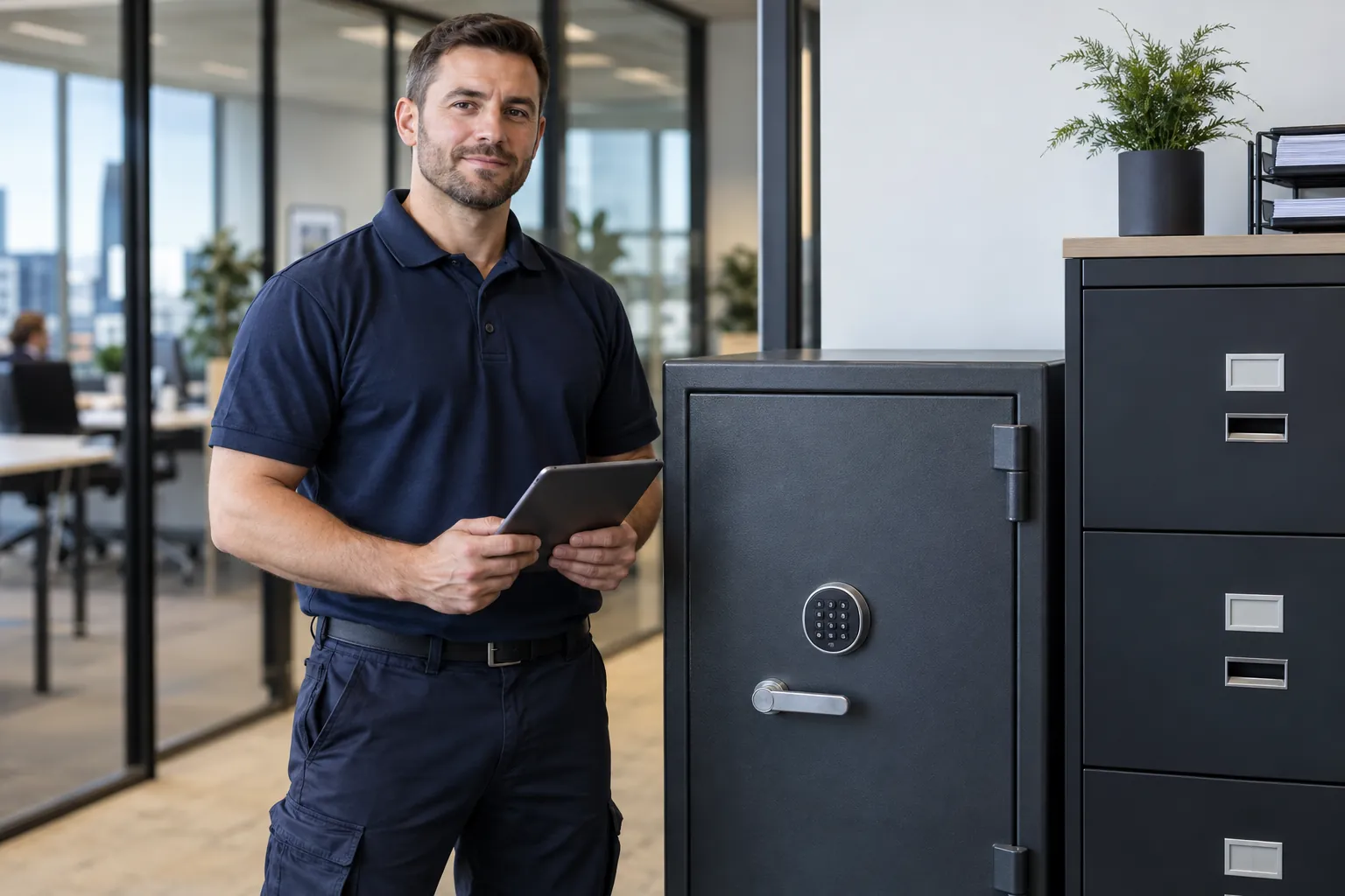 Technician attending an office safe