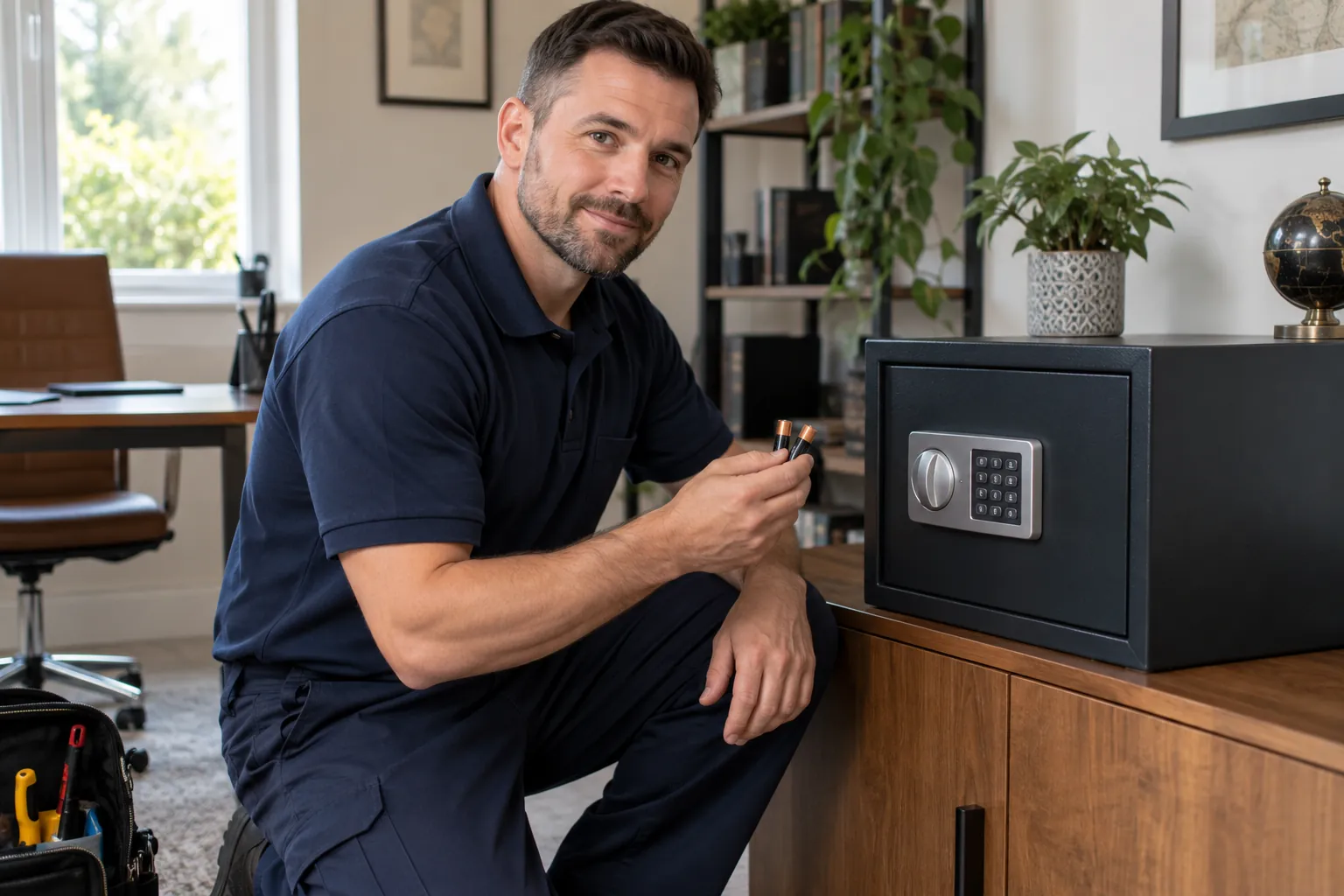 Technician preparing batteries for an electronic safe