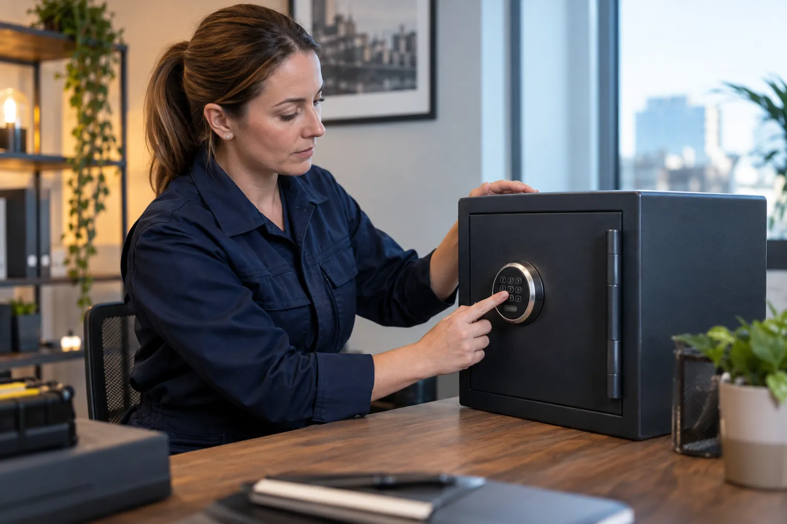 Technician assessing a safe keypad repair