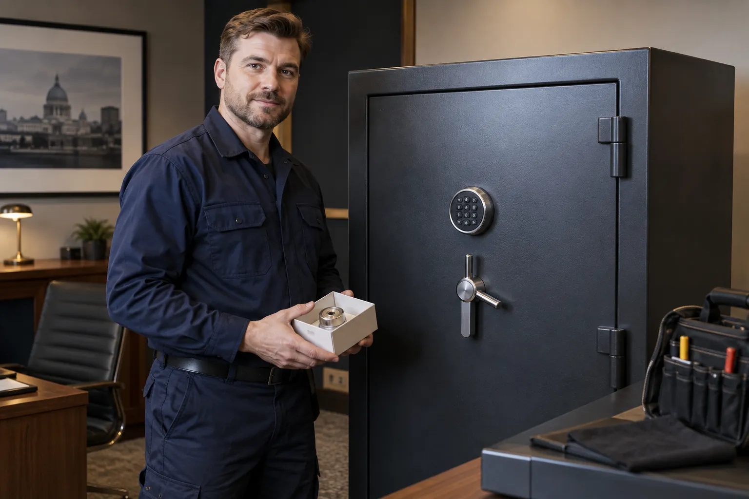 Safe locksmith preparing a replacement safe lock