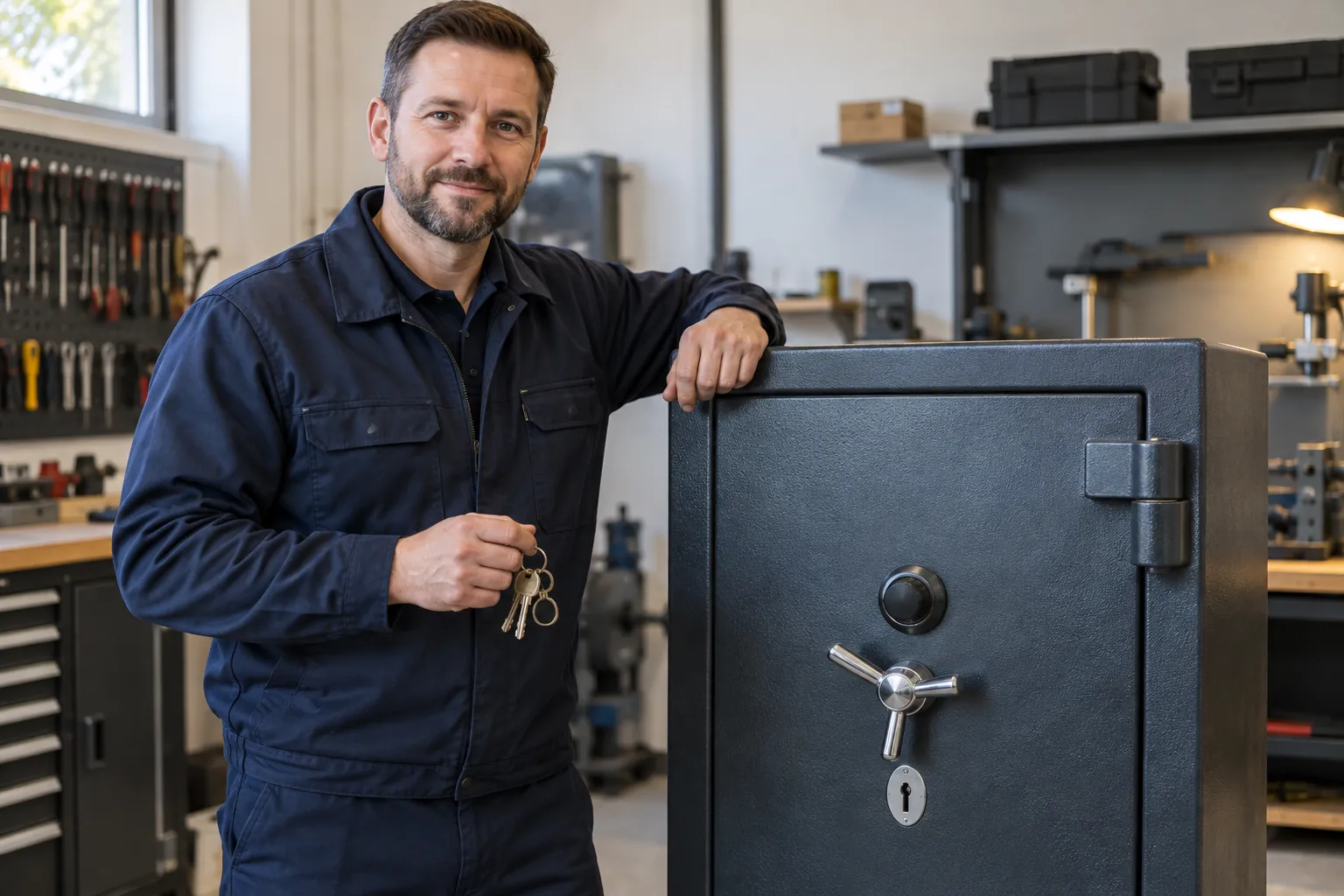 Safe locksmith beside a heavy steel safe